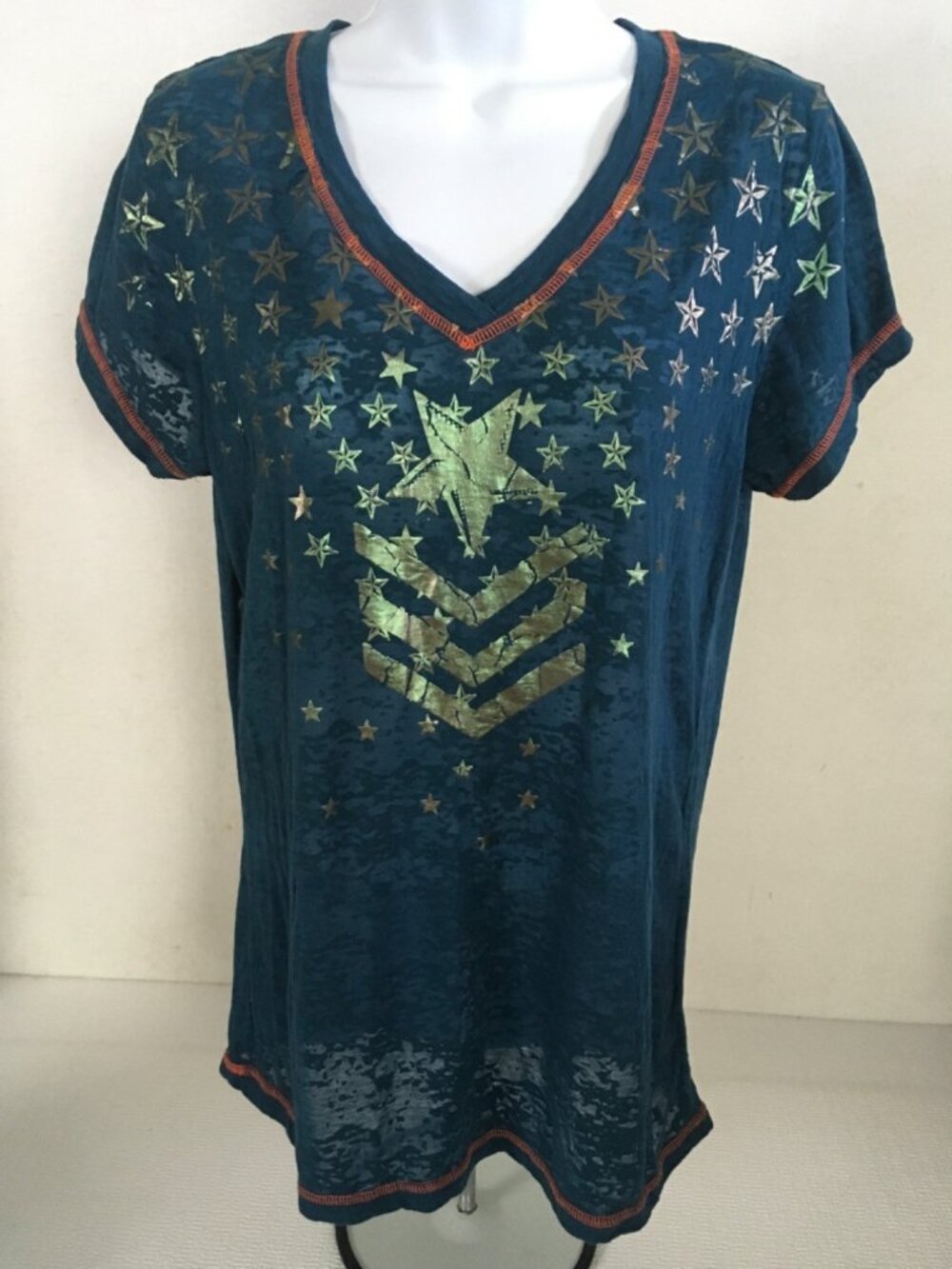 Cruel T shirt Size XL Navy Blue V neck Gold Stars Short Sleeves